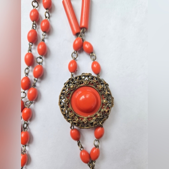 Antique Vintage 1920s Art Deco Coral Celluloid Flapper Necklace - Picture 6 of 9